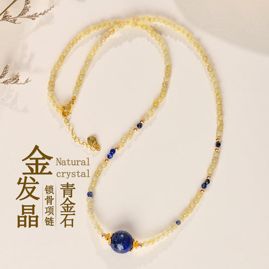 Natural Golden Rutilated Quartz Lapis Lazuli Collarbone Necklace | Wealth & Wisdom Talisman for Women