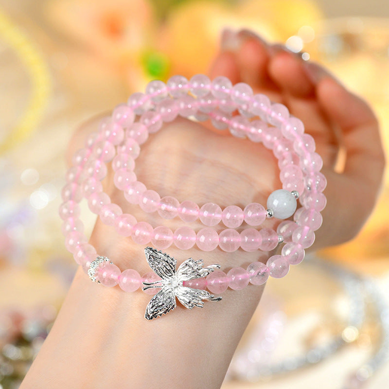 Natural Pink Quartz Aquamarine Butterfly Three-Circle Love Bracelet for Women