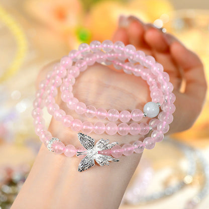 Natural Pink Quartz Aquamarine Butterfly Three-Circle Love Bracelet for Women