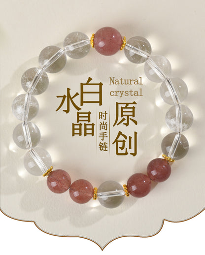 Natural Crystal Energy Bracelet with White Crystal, Obsidian, Strawberry Quartz, and Aquamarine | Spiritual Harmony & Protection