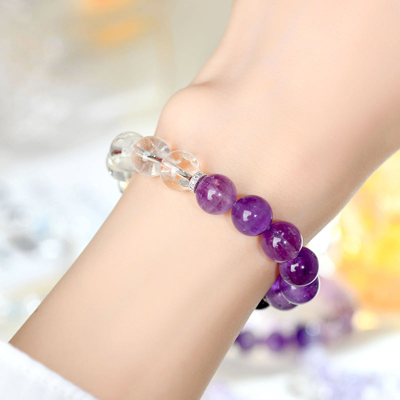 Natural Uruguay Amethyst & White Crystal Bracelet - Dreamy Purple Aura for Women