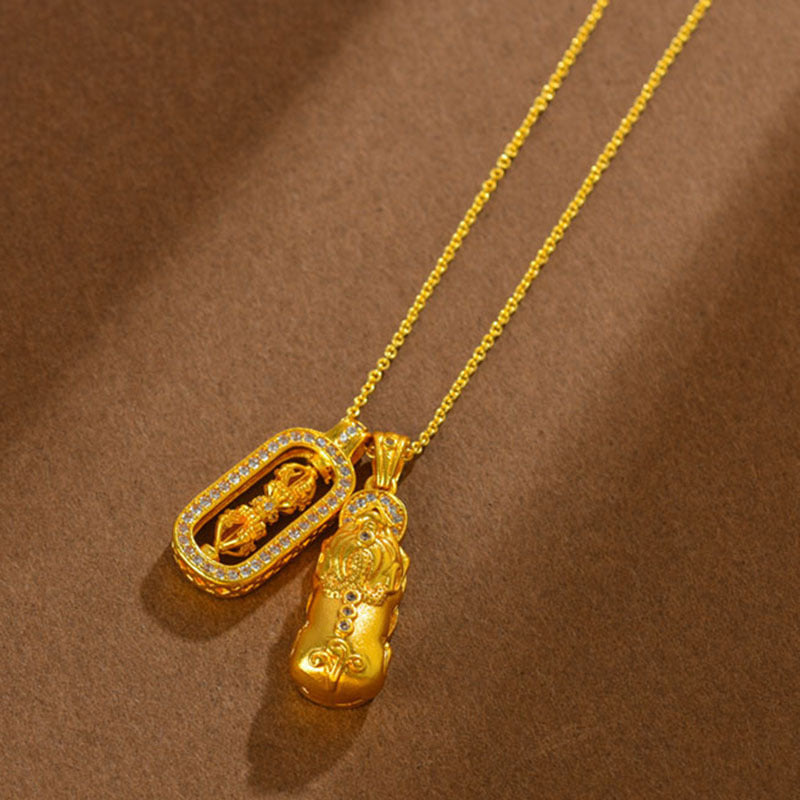 Gold Sand Gold Inlaid Diamond Pixiu Vajra Pendant Necklace | Ancient Craftsmanship Retro Collar Chain