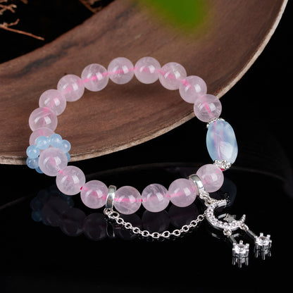 Natural Pink Quartz Aquamarine Starry Moon Love Bracelet | Irregular Crystal Design for Women
