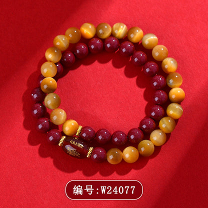 Natural Cinnabar Gold Tiger Eye Double Circle Bracelet - Wealth Protection Spiritual Amulet for Women