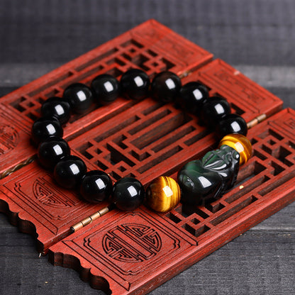 Natural Crystal Obsidian Pixiu Tiger Eye Bracelet - Ethnic Unisex Couple Spiritual Jewelry