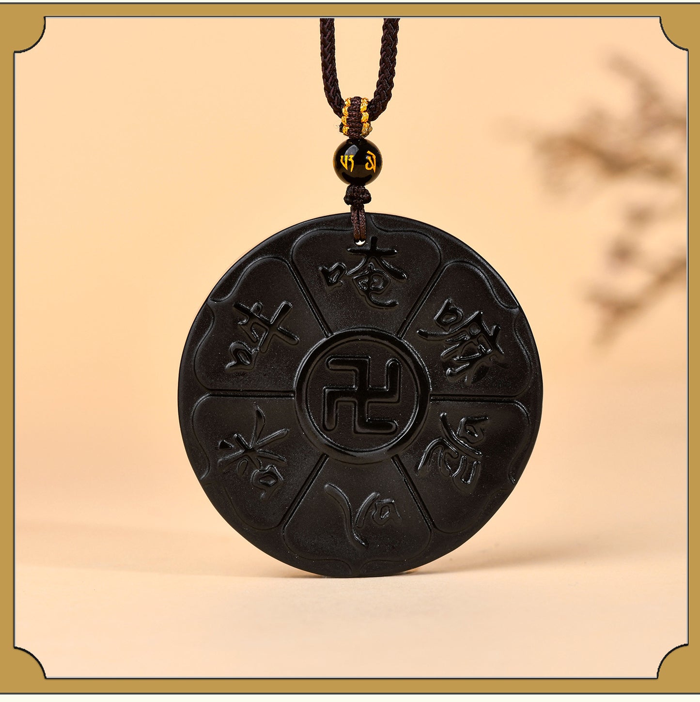 Natural Obsidian Six-Word Mantra Pendant with Swastika - Lucky Protection Amulet Necklace