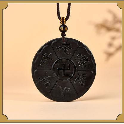 Natural Obsidian Six-Word Mantra Pendant with Swastika - Lucky Protection Amulet Necklace