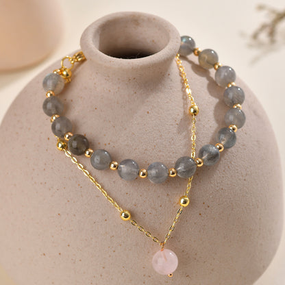 Natural Gray Moonstone & Labradorite Double-Layer Bracelet - Women's Elegant Crystal Jewelry