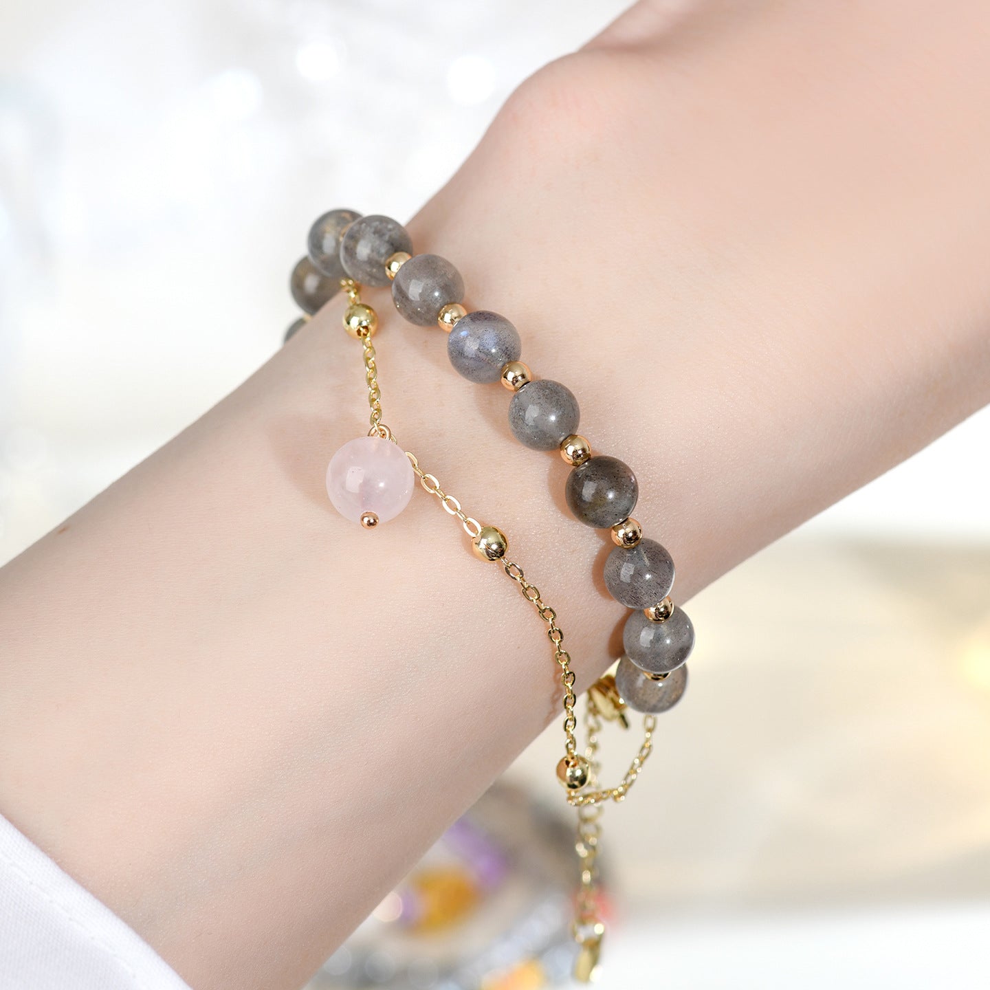 Natural Gray Moonstone & Labradorite Double-Layer Bracelet - Women's Elegant Crystal Jewelry