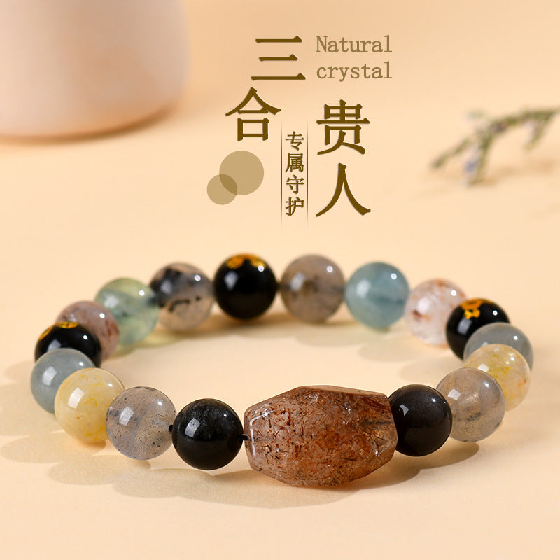 Natural Crystal Zodiac Three-In-One Bracelet | Black Gold Flexible Birth Year Unisex Couple Energy Jewelry