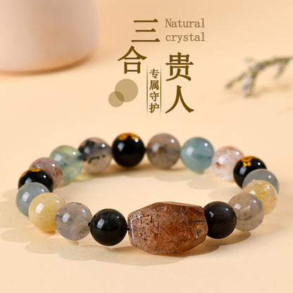 Natural Crystal Zodiac Three-In-One Bracelet | Black Gold Flexible Birth Year Unisex Couple Energy Jewelry