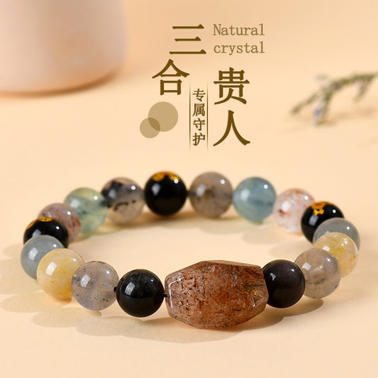 Natural Crystal Zodiac Three-In-One Bracelet | Black Gold Flexible Birth Year Unisex Couple Energy Jewelry