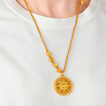 Golden Eight Treasures Compass Pendant with Fu and Swastika Charm Necklace