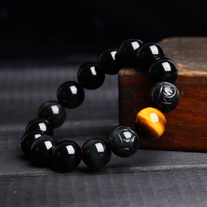 Natural Obsidian Gold-Swallowing Pixiu Double Color Tiger Eye Stone Bracelet for Wealth & Protection