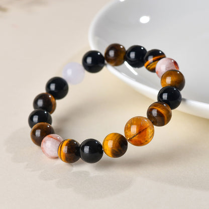 Natural Crystal Multi-Gem Bracelet with Yellow Tiger Eye and Obsidian - Spiritual Energy and Protection