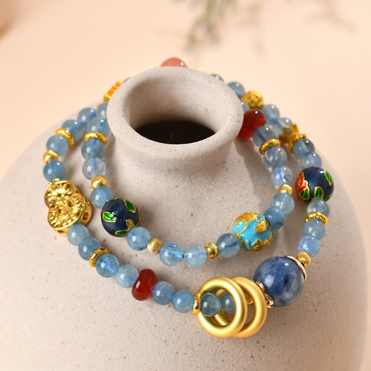 Natural Aquamarine Kyanite Double Circle Bracelet with Southern Red Agate Peace Buckle - Women's Spiritual Elegance