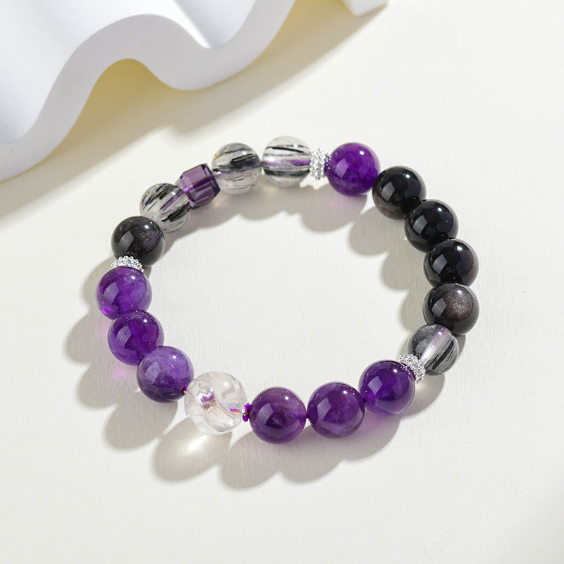 Amethyst Black Rutilated Quartz Capricorn Bracelet - Mystical Zodiac Protection & Wisdom Enhancer