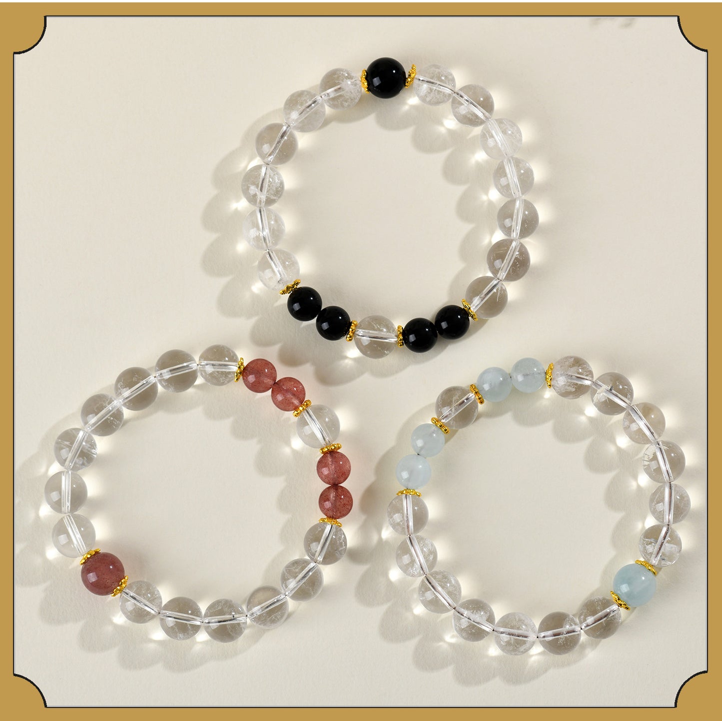 Natural Crystal Energy Bracelet with White Crystal, Obsidian, Strawberry Quartz, and Aquamarine | Spiritual Harmony & Protection
