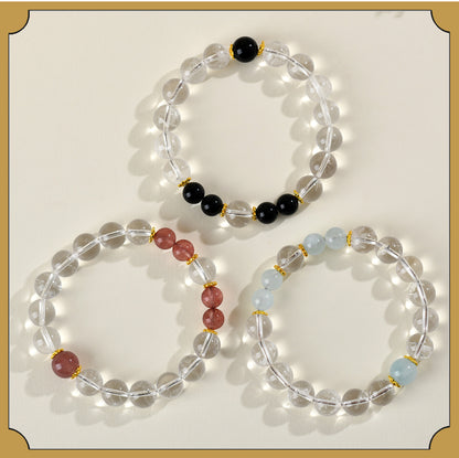 Natural Crystal Energy Bracelet with White Crystal, Obsidian, Strawberry Quartz, and Aquamarine | Spiritual Harmony & Protection
