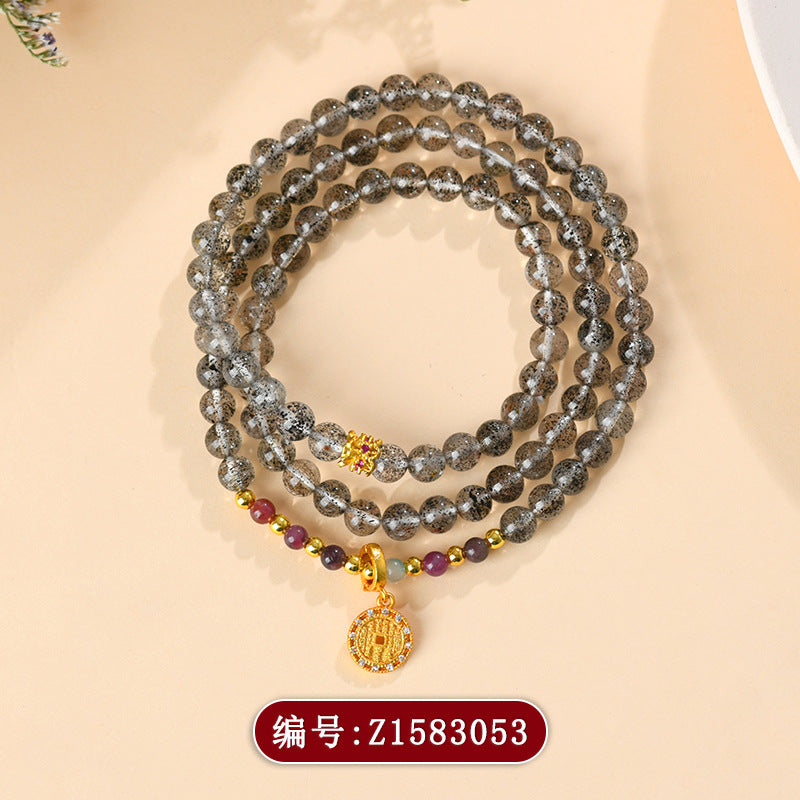 Natural Black Strawberry Quartz Tourmaline Three-Circle Bracelet | Mystical Protection & Harmony