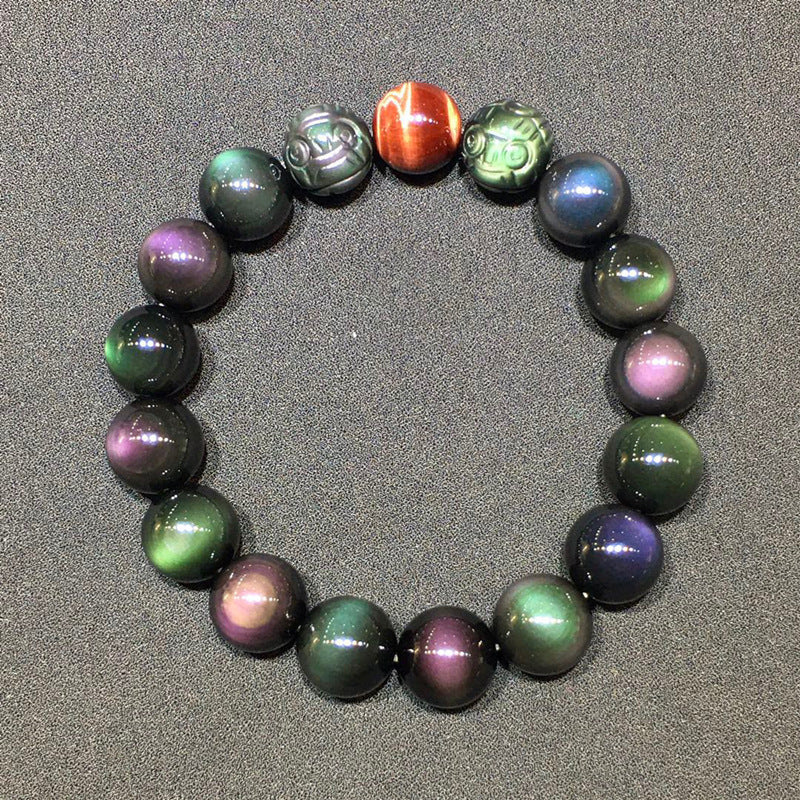 Natural Rainbow Double-Eyed Obsidian Carved Pixiu Bracelet with Red Tiger Crystal - Wealth Guardian Amulet