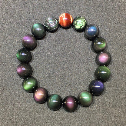 Natural Rainbow Double-Eyed Obsidian Carved Pixiu Bracelet with Red Tiger Crystal - Wealth Guardian Amulet