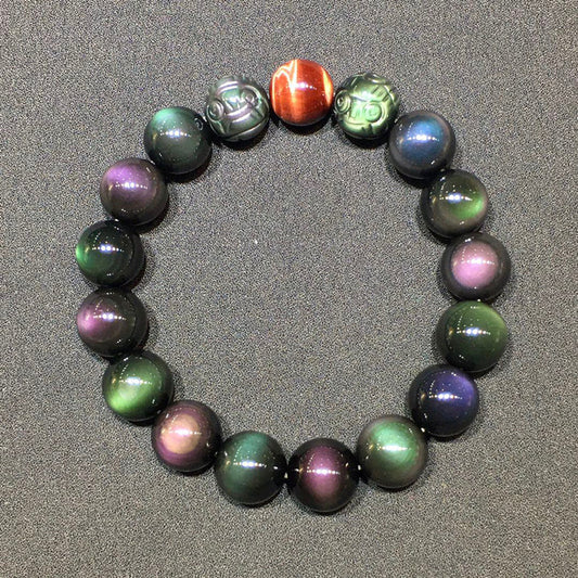 Natural Rainbow Double-Eyed Obsidian Carved Pixiu Bracelet with Red Tiger Crystal - Wealth Guardian Amulet
