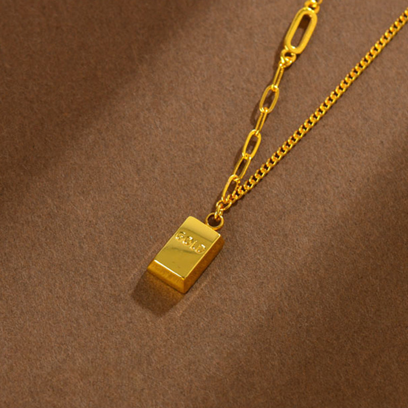 Golden Wealth Brick Pendant Necklace | Elegant Clavicle Chain for Prosperity and Luck