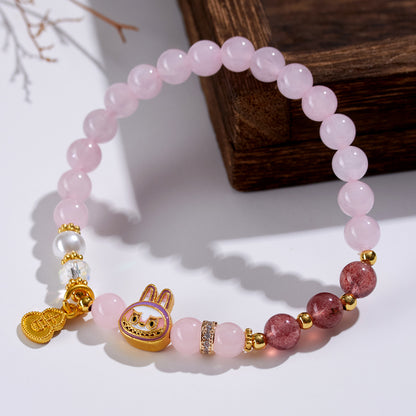 Natural Rose Strawberry Quartz LABUBU Charm Bracelet for Love and Harmony