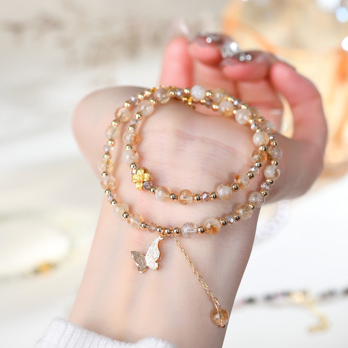 Natural Yellow Pagoda Crystal Butterfly Tassel Double Circle Bracelet for Women