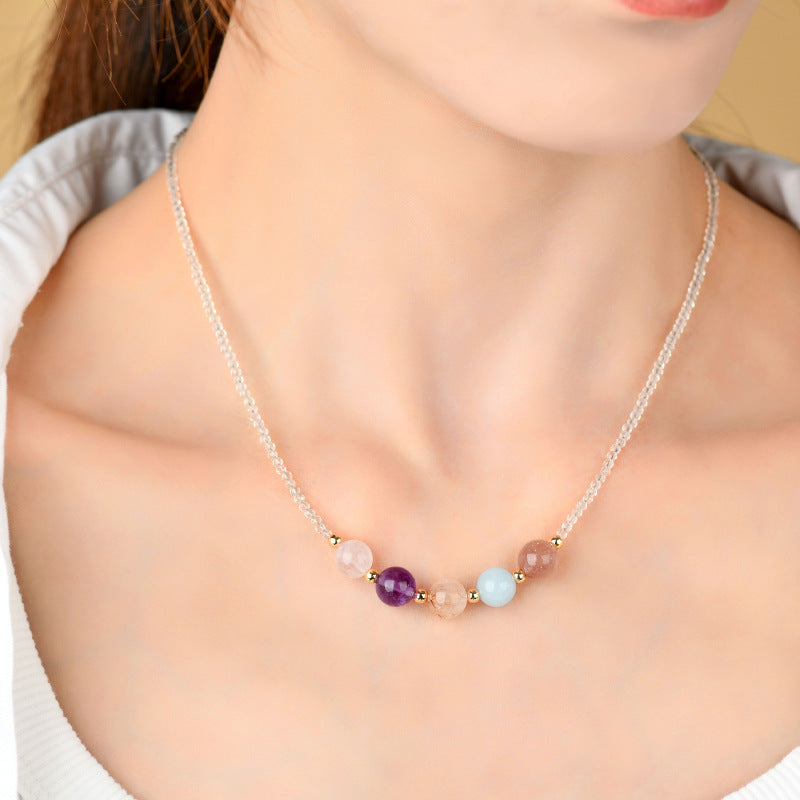 Natural Crystal Multi-Gem Collarbone Necklace with Strawberry Quartz and Aquamarine | Spiritual Energy Jewelry