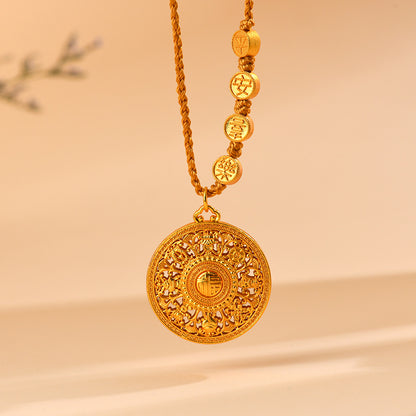 Golden Eight Treasures Compass Pendant with Fu and Swastika Charm Necklace