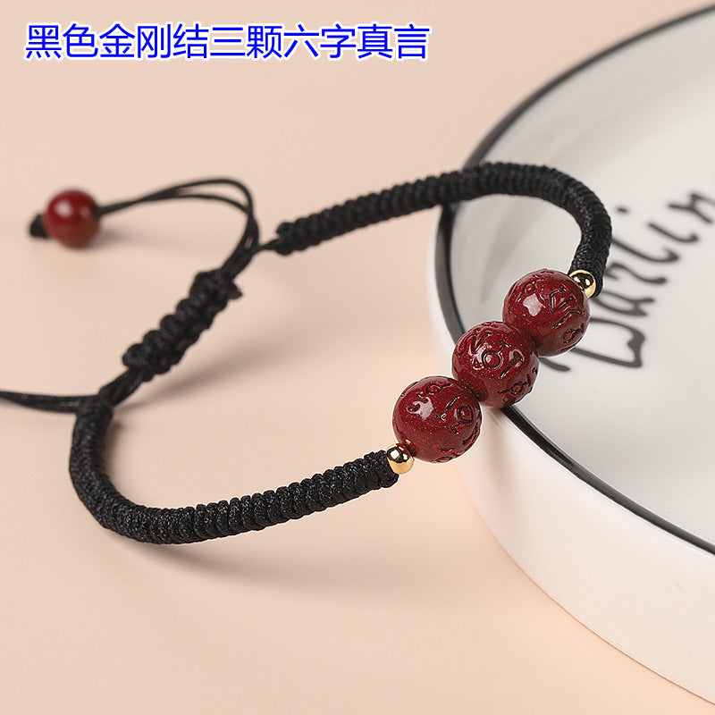 Handwoven Cinnabar Six-Word Mantra Red String Bracelet - Protection & Luck Charm