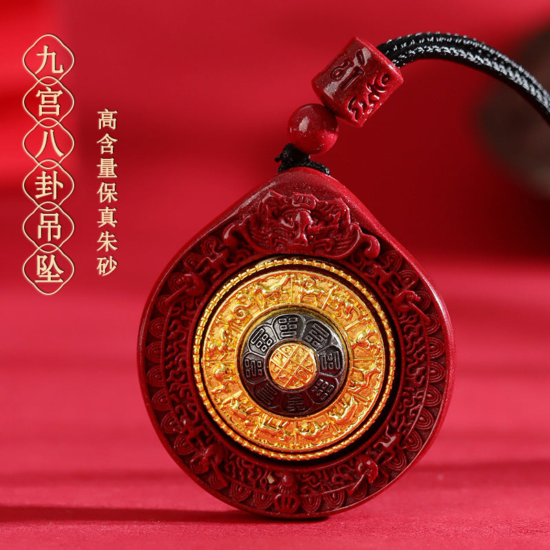 Natural Cinnabar Nine Palaces Eight Diagrams Rotatable Pendant - Tibetan Spiritual Amulet for Protection