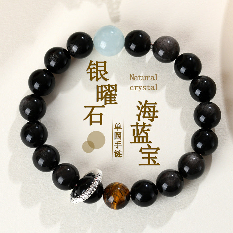 Natural Crystal Silver Obsidian Aquamarine Tiger Eye Bracelet - Women's Mystical Protection & Luck Charm