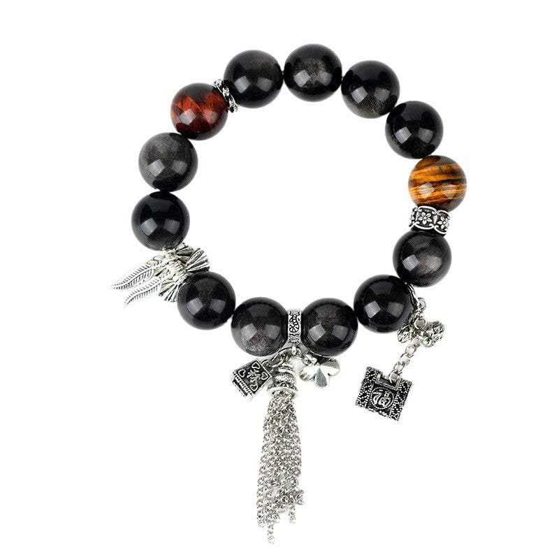 Natural Silver Obsidian Tiger Eye Bracelet - Vintage Unisex Protection Stone Jewelry