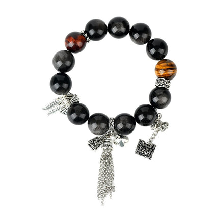 Natural Silver Obsidian Tiger Eye Bracelet - Vintage Unisex Protection Stone Jewelry