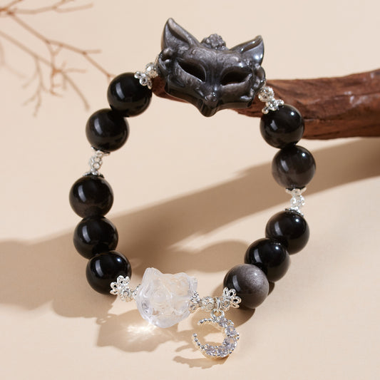 Silver Obsidian Fox Mask Bracelet with White Crystal Lion Awakening - Chinese Style Women's Spiritual Jewelry