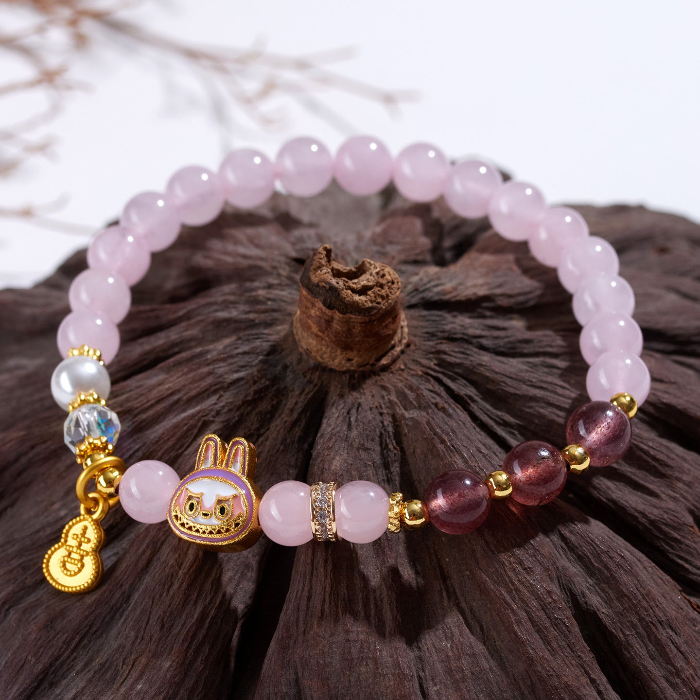 Natural Rose Strawberry Quartz LABUBU Charm Bracelet for Love and Harmony