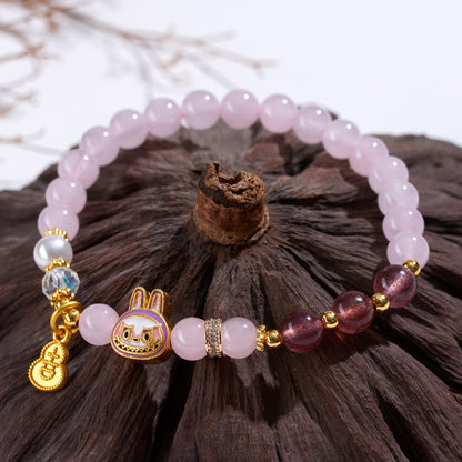 Natural Rose Strawberry Quartz LABUBU Charm Bracelet for Love and Harmony