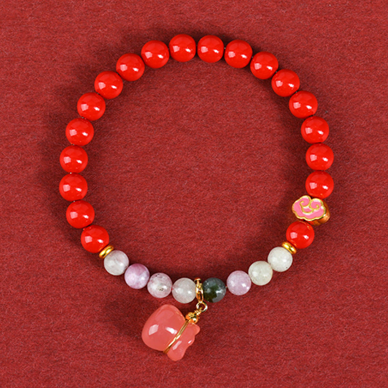 Natural Red Cinnabar and Salt Source Agate Lucky Bag Bracelet for Wealth and Protection