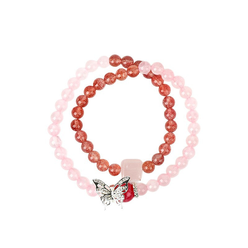 Natural Rose Quartz Strawberry Quartz Butterfly Double Circle Love Bracelet for Women
