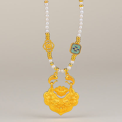 Natural Freshwater Pearl Koi Peace Lock Necklace | Auspicious Chinese Style Collarbone Chain