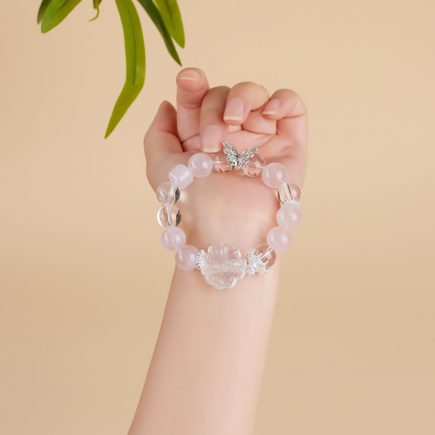 Natural Starlight Pink White Crystal Nine-Tailed Fox Butterfly Bracelet - Mystical Chinese Style Women's Charm