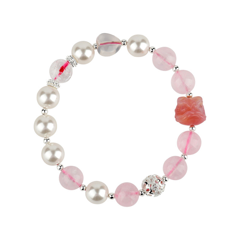 Natural Rose Quartz Pisces Crystal Bracelet with Shell Beads - Chinese Lion Dance Inspiration