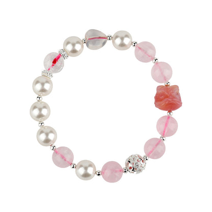Natural Rose Quartz Pisces Crystal Bracelet with Shell Beads - Chinese Lion Dance Inspiration