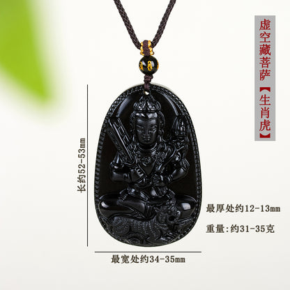 Natural Obsidian Zodiac Buddha Pendant with Eight Guardian Gods - Spiritual Protection Amulet