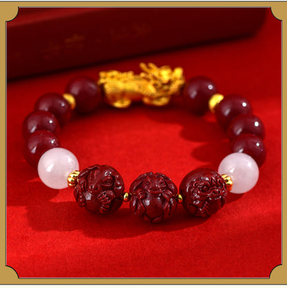Natural Purple Gold Cinnabar Zodiac Pixiu Bracelet | Wealth Attraction & Protection Talisman