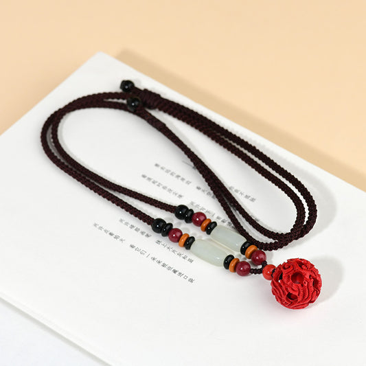 Natural Cinnabar Dragon Phoenix Hollow Ball Pendant Necklace - Auspicious Protection & Harmony