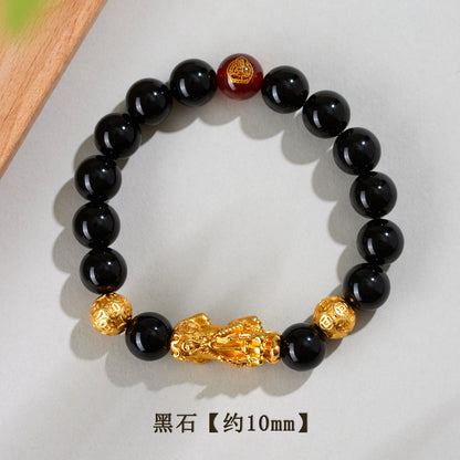 Natural Obsidian Gold Pixiu Zodiac Buddha Bracelet for Wealth Protection and Spiritual Harmony